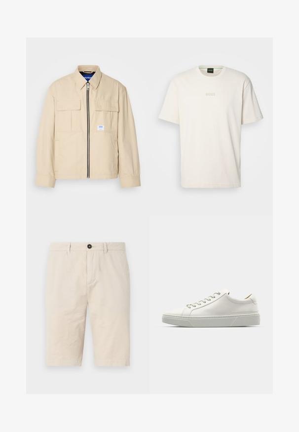 Beige jas met een voorkleurige rits, twee borstzakken en een klein merkembleem. Gemaakt van een gladde, lichtgewicht stof.; BOSS TEE - T-shirt basic - open white; Beige katoenen shorts met een regular fit, voorzien van een knoopsluiting, voorzakken en omgeslagen zomen. Gladde textuur met minimale kreukels.; Witte leren sneaker met een ronde neus, minimalistisch ontwerp, grijze veters en een gestructureerde grijze rubberen zool. Fijne stikdetails zichtbaar.