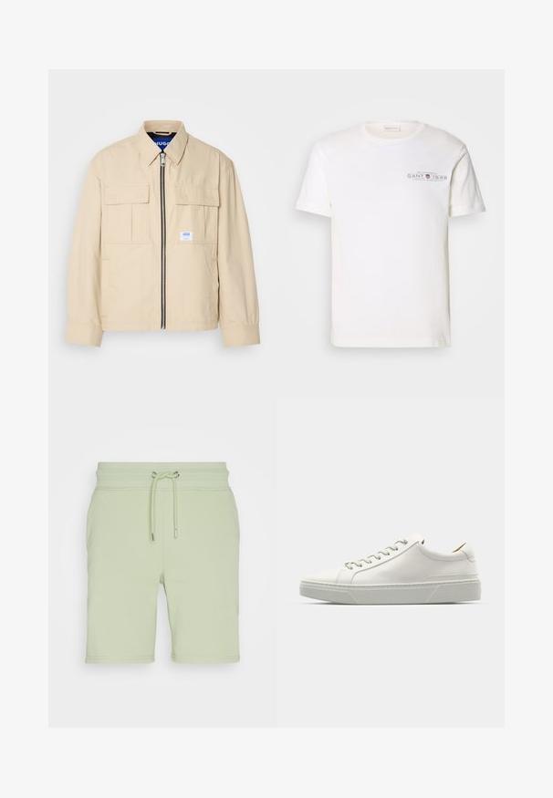 Chaqueta beige con cremallera frontal, dos bolsillos en el pecho y una pequeña etiqueta de marca. Fabricada en una tela suave y ligera.; Camiseta de algodón blanca con cuello redondo, mangas cortas y un logo impreso. Presenta un diseño minimalista y un corte relajado.; GANT REG SHIELD - Pantalones deportivos - milky matcha; Zapatilla blanca de cuero con punta redondeada, diseño minimalista, cordones grises y suela de goma texturizada gris. Detalles de costura sutiles visibles.