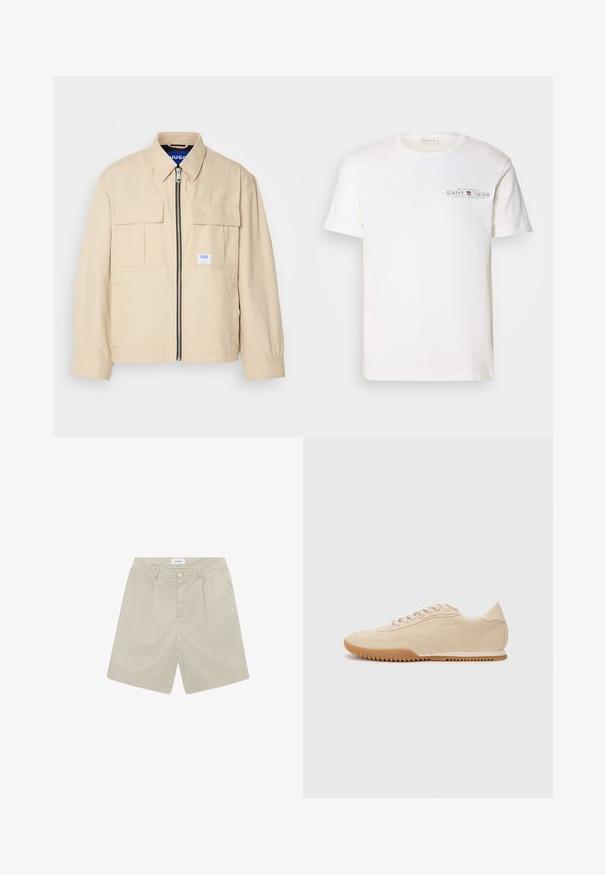 Beżowa kurtka z zamkiem błyskawicznym z przodu, dwoma kieszeniami na piersi i małą metką z logo. Wykonana z gładkiego, lekkiego materiału.; Biała bawełniana koszulka z okrągłym dekoltem, krótkimi rękawami i nadrukowanym logo. Charakteryzuje się minimalistycznym wzornictwem i luźnym krojem.; Beżowe spodenki o dopasowanym kroju z płaskim przodem, dwoma bocznymi kieszeniami i pojedynczym zapięciem na guzik. Wykonane z lekkiego, gładkiego materiału.; Beżowe zamszowe sneakersy o opływowym designie, z teksturowaną cholewką, zaokrąglonym noskiem i gumową podeszwą w zygzakowaty wzór.
