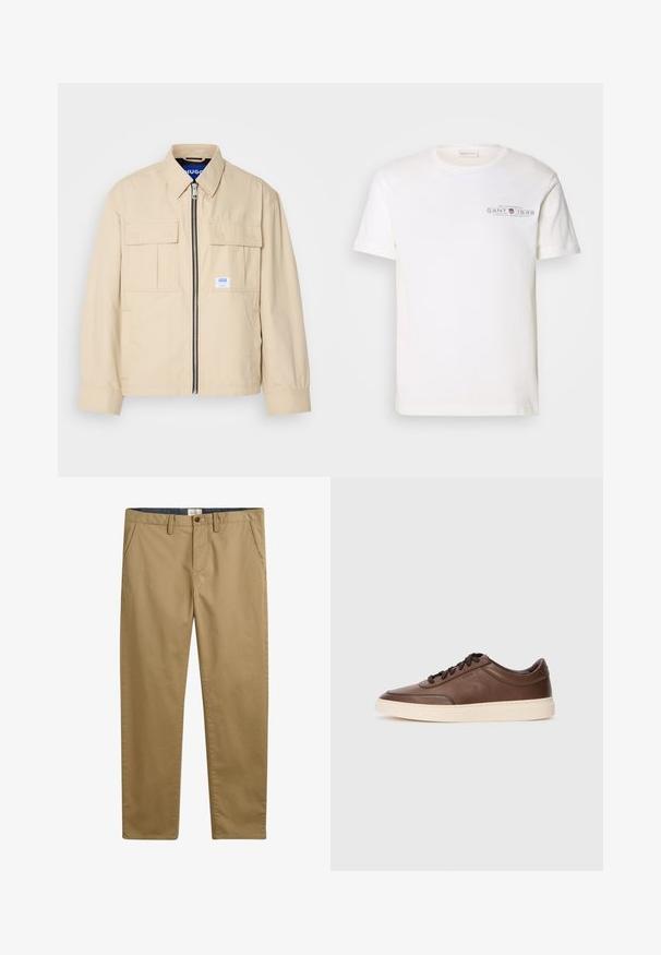 Beige jakke med lynlås foran, to brystlommer og en lille brandingetiket. Fremstillet af et glat, let materiale.; Hvid bomulds t-shirt med rund hals, korte ærmer og trykt logo. Har minimalistisk design og afslappet pasform.; Khaki bomuldsbukser med lige pasform, der har sidelommer, knaplukning og et struktureret stof.; Brune lædersneakers med en glat overflade, rund tå og cremet gummisål. Har sorte snørebånd og diskret branding på siden.