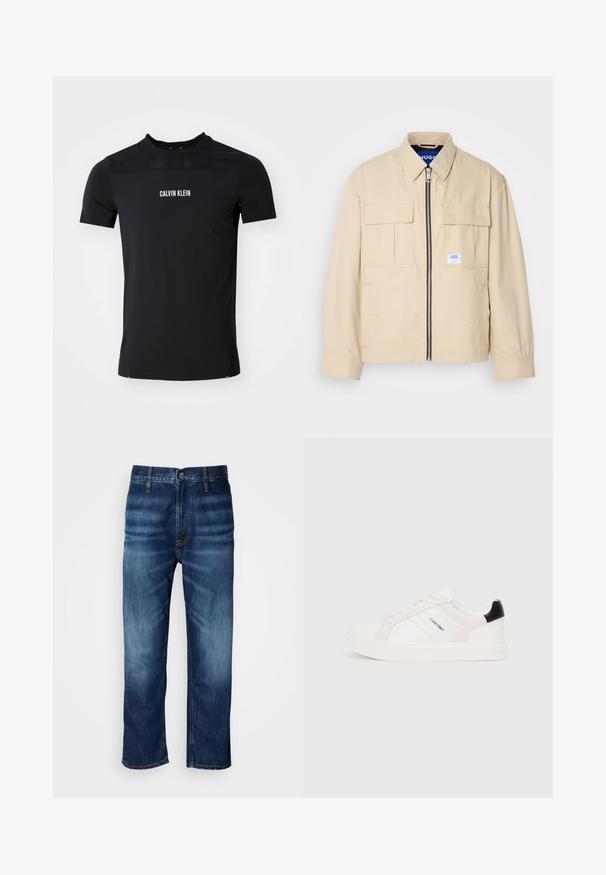 Bežinė striukė su priekiniu užtrauktuku, dviem krūtinės kišenėmis ir maža prekės ženklo etikete. Pagaminta iš sklandžios, lengvos medžiagos.; Juodas trumpomis rankovėmis sportinis marškinėliai su tinkleliu viršutinėje krūtinės dalyje ir „Calvin Klein“ logotipas spausdintas baltai centrinėje krūtinės dalyje.; Tamsiai mėlynos tiesios kojų džinsai su subtiliu išblukimu ant šlaunų ir užsegimu prie juosmens, pateikti ant baltos fono.; Baltai sportbačiai su šviesiai rožiniais ir juodais akcentais, turintys lygaus odos ir zomšo panelius, apvalią noselę ir plokščią gumos padą.