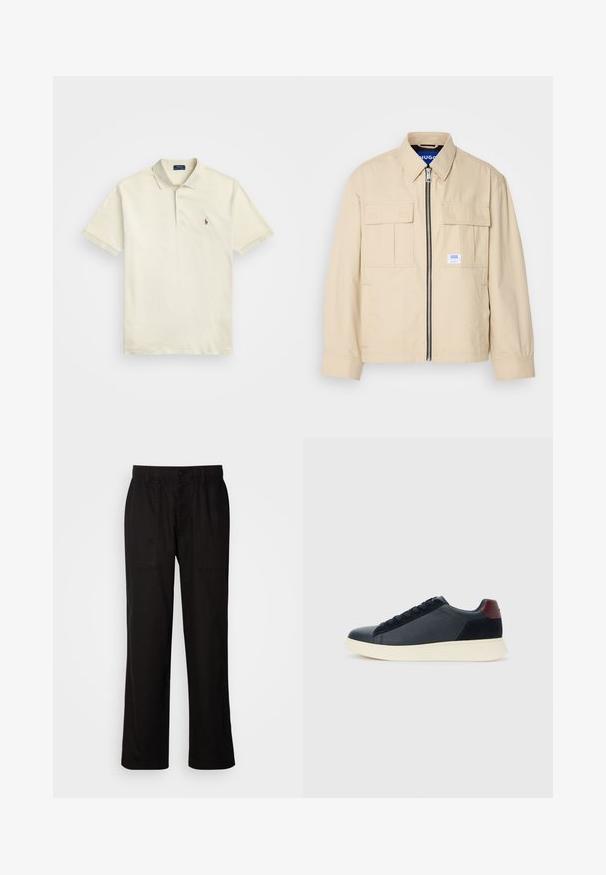 Bežinė striukė su priekiniu užtrauktuku, dviem krūtinės kišenėmis ir maža prekės ženklo etikete. Pagaminta iš sklandžios, lengvos medžiagos.; Polo Ralph Lauren Big & Tall SOFT COTTON POLO SHIRT - Polo marškinėliai - parchment cream; Juodos kelnės su laisvu siluetu, pagamintos iš lengvos medžiagos. Yra elastingas juosmuo, mygtuko užsegimas ir dvi priekinės kišenės.; Juodos odinės ir zomšinės vyriškos žemos sportinės avalynės su bordo spalvos kulkšnių juostele ir balto kaučiuko padu vaizdas iš išorės.