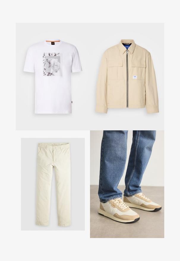 Beige jacket featuring a front zipper, two chest pockets, and a small branding label. Made from a smooth, lightweight fabric.; White cotton t-shirt featuring a graphic of a roaring polar bear within a rectangular frame, accented by abstract black and grey patterns.; Light beige loose-fit pants with three pockets, belt loops, and a straight leg design. Made from a soft cotton blend fabric.; Beige and cream sneakers with suede and mesh materials, featuring a textured sole and tonal accents, paired with blue denim jeans.