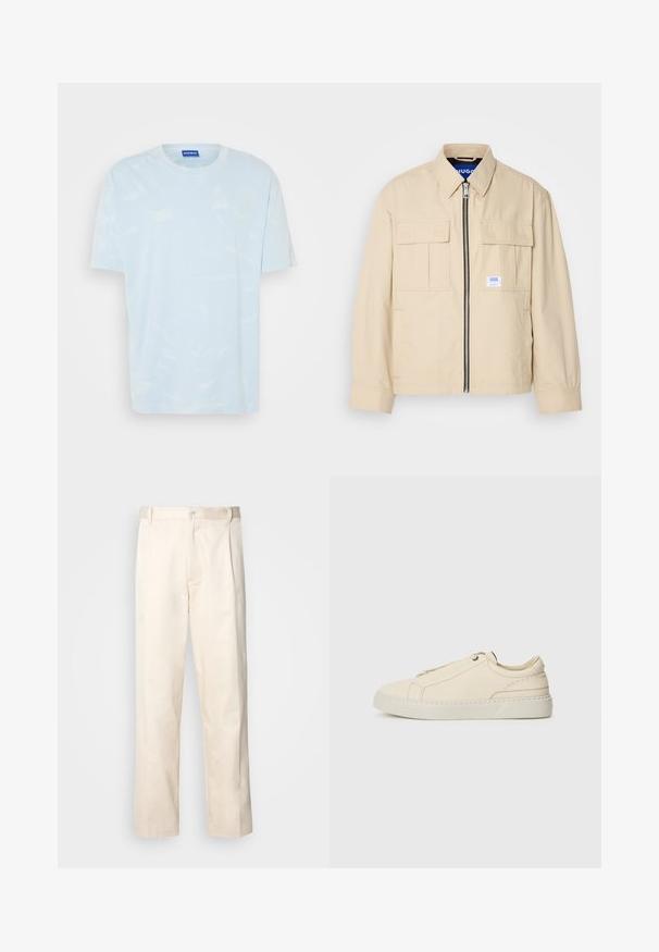 Bežinė striukė su priekiniu užtrauktuku, dviem krūtinės kišenėmis ir maža prekės ženklo etikete. Pagaminta iš sklandžios, lengvos medžiagos.; Šviesiai mėlyna marškinėliai su tinkleliu, pagaminti iš minkštos medvilnės, su apvalia iškirpte ir trumpomis rankovėmis. Logotipo detalė kairėje peties pusėje.; Bežinės medvilninės kelnės su tiesiu kirpimu, turinčios mygtuko uždarymą ir priekyje raukšles papildomai dekoratyviam akcentui.; Kreminio odos sportbačiai su apvaliu nosiu, minimalistiniu dizainu, subtiliomis siuvimo detalėmis ir tekstūrine viršutine dalimi, ant šviesios pado.