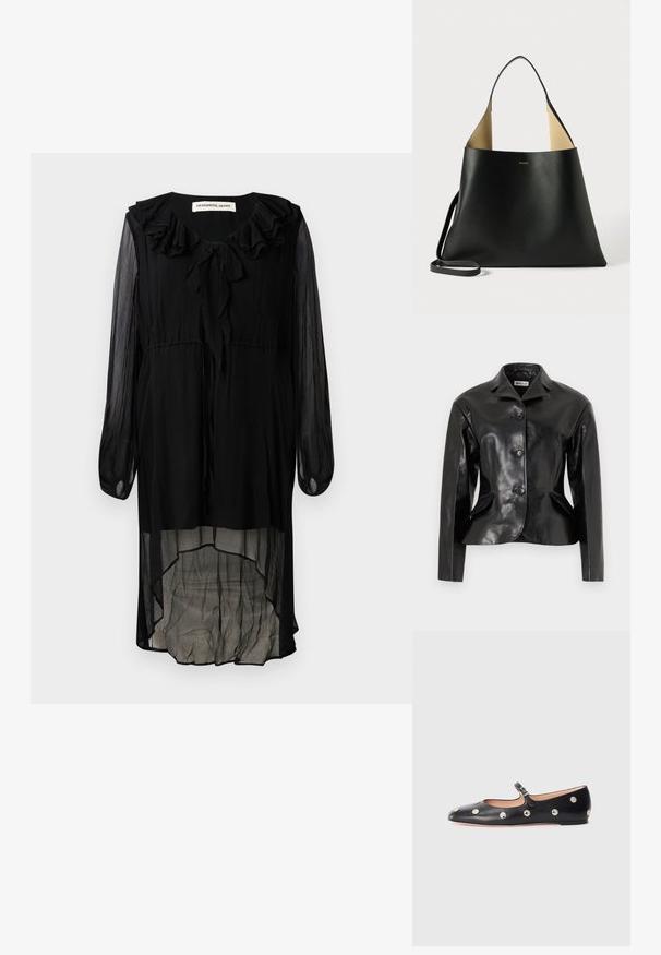 Bally Jachetă piele - black; Rochie din chiffon negru cu decolteu volanar, mâneci lungi și tiv înalt jos. Include un laț la gât și o textură fluidă, transparentă.; Pantofii Mary Jane din piele neagră, cu vârful rotund, decorati cu nasturi circulari argintii și o curea ajustabilă cu cataramă.; Geantă tote din piele neagră, cu un design spațios și unghiular. Dispune de un interior contrastant bej și o curea subțire pentru umăr. Branding minimalist afișat.