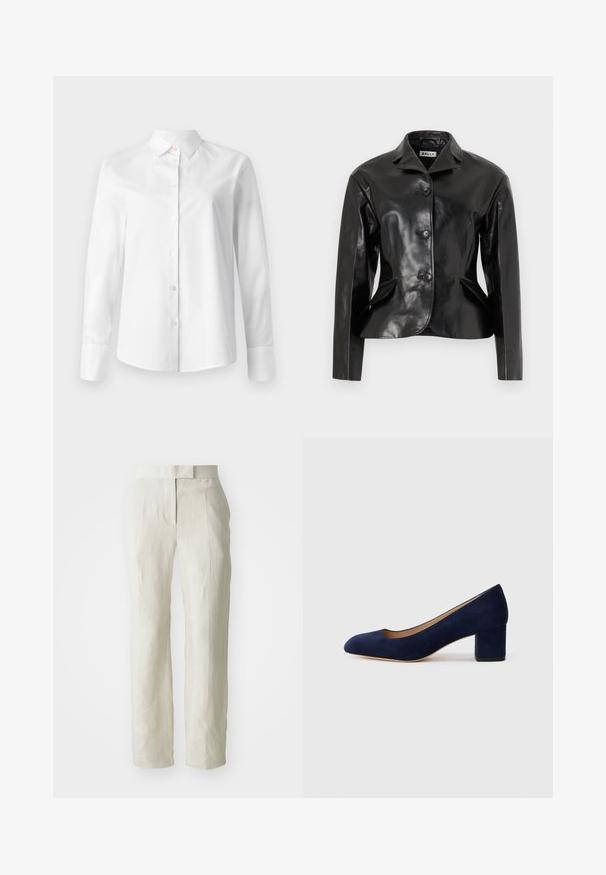 Bally Δερμάτινο μπουφάν - black; Άσπρο πουκάμισο με μακριά μανίκια και κουμπιά μπροστά, κατασκευασμένο από λείο βαμβακερό ύφασμα, διαθέτει κλασικό γιακά και μικρά κουμπιά.; Λευκά λινά παντελόνια με κομψή γραμμή, που διαθέτουν επίπεδο μπροστινό μέρος και ίσια πόδια. Λείο υλικό με ελαφρές πτυχώσεις.; Ναυτικό μπλε σουέτ γόβες με αιχμηρή μύτη και μεσαίο φαρδύ τακούνι. Λείο υλικό με απαλό γυαλιστερό φινίρισμα και μικρή κοπή εμπρός.