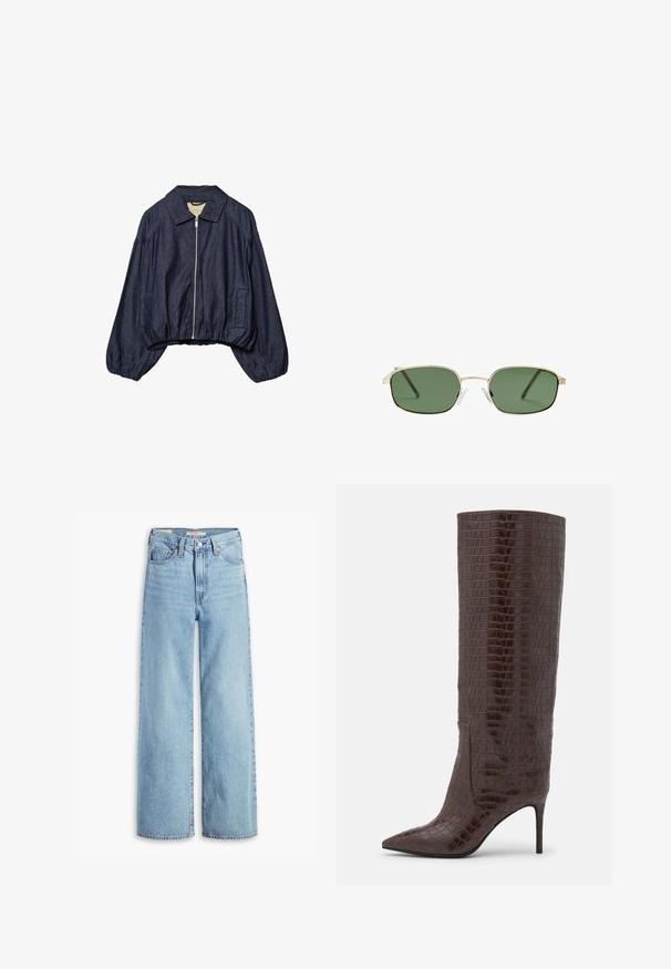 Tamna plava skraćena traper jakna s prednjim zatvaračem, širokim dugim rukavima, ovratnikom te elastičnim rubovima i manžetama.; Bijela rebrasta majica bez rukava sa prilagođenim dizajnom i okruglim izrezom. Izrađena od rastezljivog materijala za udobnost i lakše kretanje.; Farmerke s visokim strukom, svijetloplave boje, širokih nogavica, s prednjim gumbom i patentnim zatvaračem, petljama za pojas i stilizacijom s pet džepova.; Jeffrey Campbell ARSEN - Čizme - brown; Naočale s okvirom od zlatnog metala, zelenim staklima, pravokutnim oblikom i prozirnim plastičnim nosnim jastučićima. Tanke, vitke tempere s minimalističkim dizajnom.; Smeškan smeđi kožni torbica u obliku trokuta. Ima pletenu ručku i patentni zatvarač na vrhu.