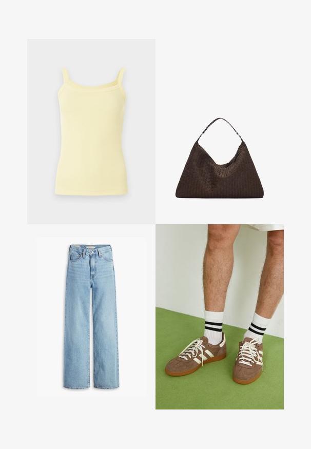 Dunkelblaues cropped Denim-Jackett mit Frontreißverschluss, weiten langen Ärmeln, Kragen und elastischem Saum und Bündchen.; Gelbes, geripptes Tanktop mit dünnen Trägern und tailliertem Schnitt, das über eine subtile Textur und einen geraden Saum verfügt.; Hochgeschnittene, hellblaue Schlagjeans mit Frontknopf und Reißverschluss, Gürtelschlaufen und fünf Taschen.; Braune Wildleder-Sneaker mit weißen Akzenten und Schnürsenkeln. Gummisohle in Kautschuk-Optik. Getragen mit weißen Socken, die schwarze Streifen haben. Grüner strukturierter Fußboden.; Braune, geflochtene Lederhandtasche mit einer lässigen, dreieckigen Form. Verfügt über einen geflochtenen Griff und einen Reißverschluss an der Oberseite.