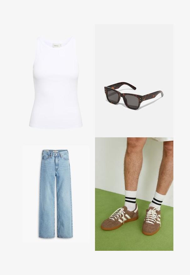 Tamna plava skraćena traper jakna s prednjim zatvaračem, širokim dugim rukavima, ovratnikom te elastičnim rubovima i manžetama.; Bijela rebrasta majica bez rukava s okruglim izrezom. Elastični materijal i uski kroj. Oznaka na leđima kaže "GESTUZ."; Farmerke s visokim strukom, svijetloplave boje, širokih nogavica, s prednjim gumbom i patentnim zatvaračem, petljama za pojas i stilizacijom s pet džepova.; Smeđe nubuk tenisice s bijelim detaljima i vezicama. Gumeni potplat. Nosene s bijelim čarapama s crnim prugama. Zeleno teksturirano pod.; Naočale od kornjačevine s tamnim lećama, kvadratnim okvirom i srebrnim dekorativnim češljićima sprijeda. Izrađene su od plastike, lagane i izdržljive.; Smeškan smeđi kožni torbica u obliku trokuta. Ima pletenu ručku i patentni zatvarač na vrhu.