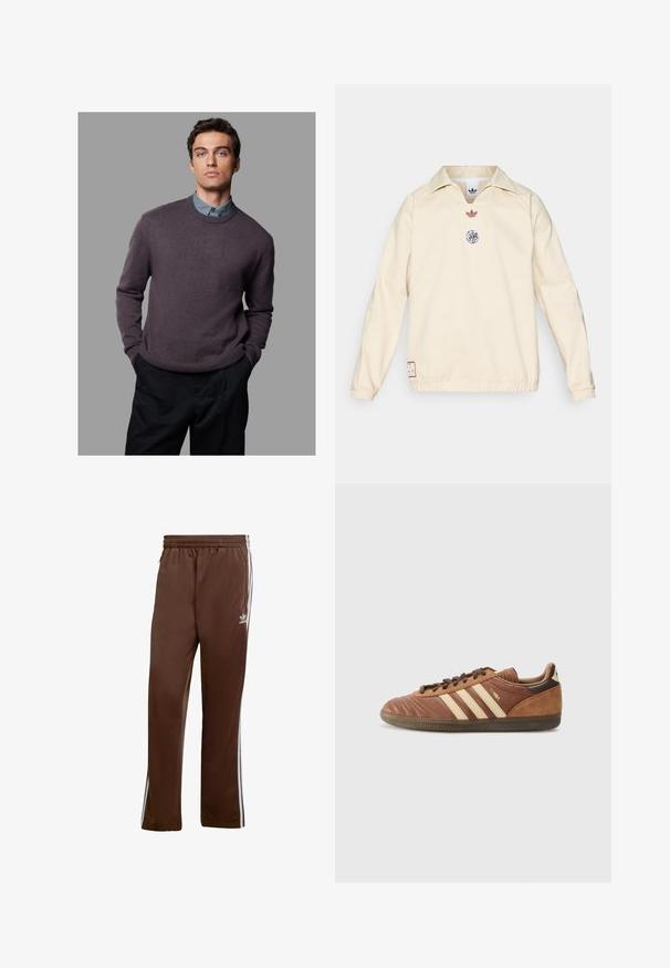 adidas Originals AJAX ICON DRILL TOP - Lauko striukė - halo ivory; Tamsiai purpurinis megztinis, audinys su mezgimu, apvaliu kaklu, su raukiniais ant rankovių ir apatinės dalies, sluoksniuotas virš šviesiai mėlynos apykaklės marškinėlių, derinamas su tamsiomis kelnėmis.; Rudos sportiniai kelnių pagaminti iš sklandaus audinio, su baltais šoninėmis juostelėmis ir elastingu liemeniu. Su kišenėmis abiejose pusėse.; adidas Originals SAMBA UNISEX - Sportbačiai - preloved brown/sand strata/dark brown