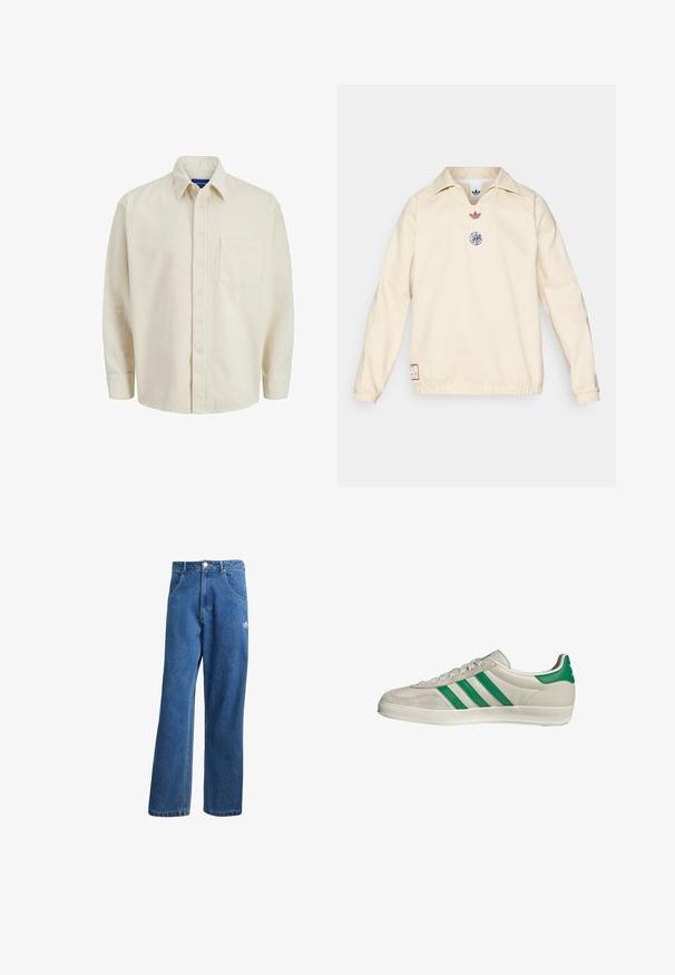 adidas Originals AJAX ICON DRILL TOP - Giacca outdoor - halo ivory; Camicia in corduroy beige con chiusura a bottoni, colletto, maniche lunghe e una tasca sul petto. Presenta righe verticali sottili.; Jeans di denim a vita alta e gamba larga blu, con tasche frontali, passanti per cintura, chiusura a bottone e piccolo logo Adidas sulla coscia destra.; Sneaker beige con strisce verdi, con suola bianca e tomaia in pelle liscia. Vista laterale che evidenzia i dettagli dei lacci e il logo.