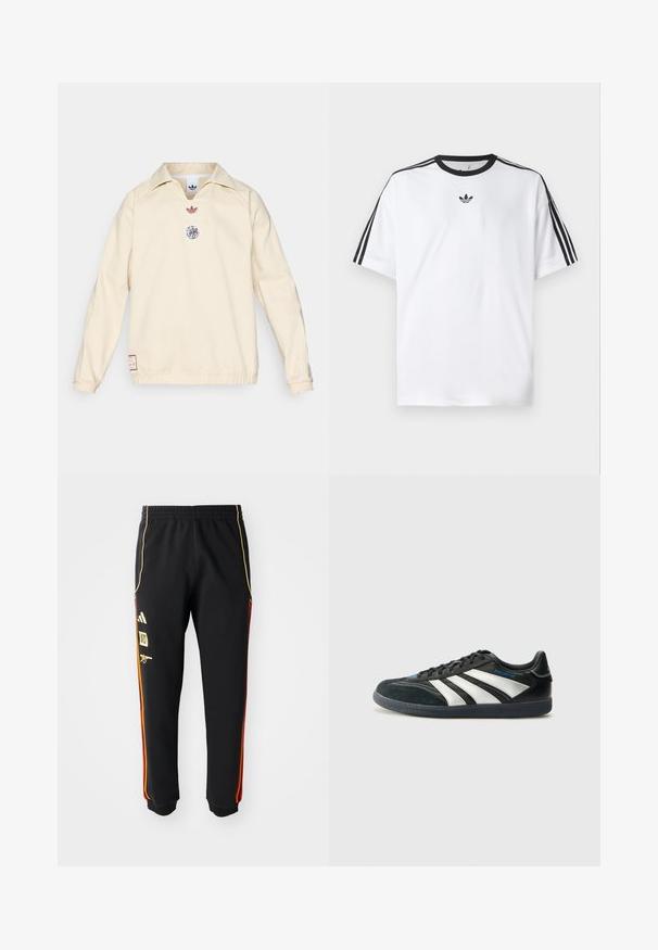 adidas Originals AJAX ICON DRILL TOP - Lauko striukė - halo ivory; Balta medvilninė marškinėlių su juodu apvali kaklu, ant kiekvieno peties iš trijų juodų juostelių. Mažas juodas logotipas ant krūtinės.; Juodos sportinės kelnės su elastingu juosmeniu, auksinėmis ir raudonomis šoninėmis juostelėmis bei geltonais logotipais kairėje šlaunyje.; adidas Performance PREDATOR FREESTYLE JUDE INDOOR FOOTBALL SHOES - Salės futbolo bateliai - core black/silver-coloured/glory blue