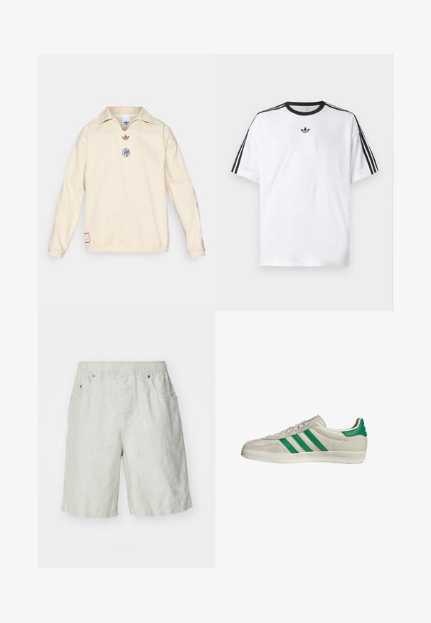 adidas Originals AJAX ICON DRILL TOP - Outdoorjacke - halo ivory; Weißes T-Shirt aus Baumwolle mit einem schwarzen, runden Halsausschnitt und drei schwarzen Streifen auf jeder Schulter. Kleines schwarzes Logo auf der Brust.; Helle graue Shorts aus einem strukturierten Stoff, mit einem elastischen Bund, zwei Seitentaschen und einer lockeren Passform.; Beige Sneaker mit grünen Streifen, ausgestattet mit einer weißen Sohle und einem Obermaterial aus glattem Leder. Seitenansicht, die die Schnürdetails und das Logo hervorhebt.