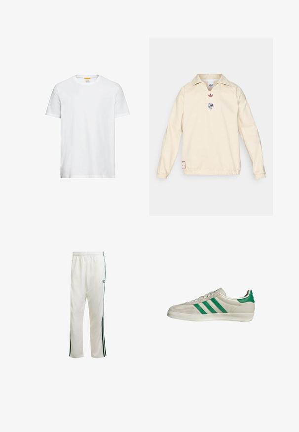 adidas Originals AJAX ICON DRILL TOP - Blouson - halo ivory; T-shirt en coton blanc avec un col rond, des manches courtes et un petit logo sur la poitrine. Texture lisse et coupe classique.; Pantalons de sport blancs avec des bandes latérales vertes, taille élastique et un logo sur le coin supérieur gauche. Fabriqués en tissu léger.; Baskets beiges avec des rayures vertes, dotées d'une semelle blanche et d'un dessus en cuir lisse. Vue de côté mettant en valeur les détails des lacets et le logo.