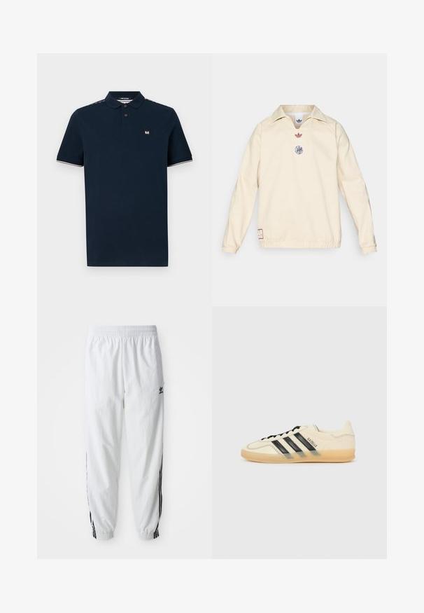 adidas Originals AJAX ICON DRILL TOP - Āra jaka - halo ivory; Navy zila polo krekls kokvilnas maisījuma, kas aprīkots ar trīs pogu apdari, īsām piedurknēm un kontrastējošu apdari apkaklē un piedurknēs.; Baltas sporta bikses ar melnām sānu svītrām, elastīga vidukļa josla un rokai; uz kreisā augšstilba atrodas Adidas logs. Gluda auduma tekstūra.; Gaiši krēms sporta apavi ar melnu trīs svītru dizainu, teksturētu augšējo daļu, noapaļotu purngaliem un gumijas zoli. Iespējas ietver auklas un zīmolu sānos.