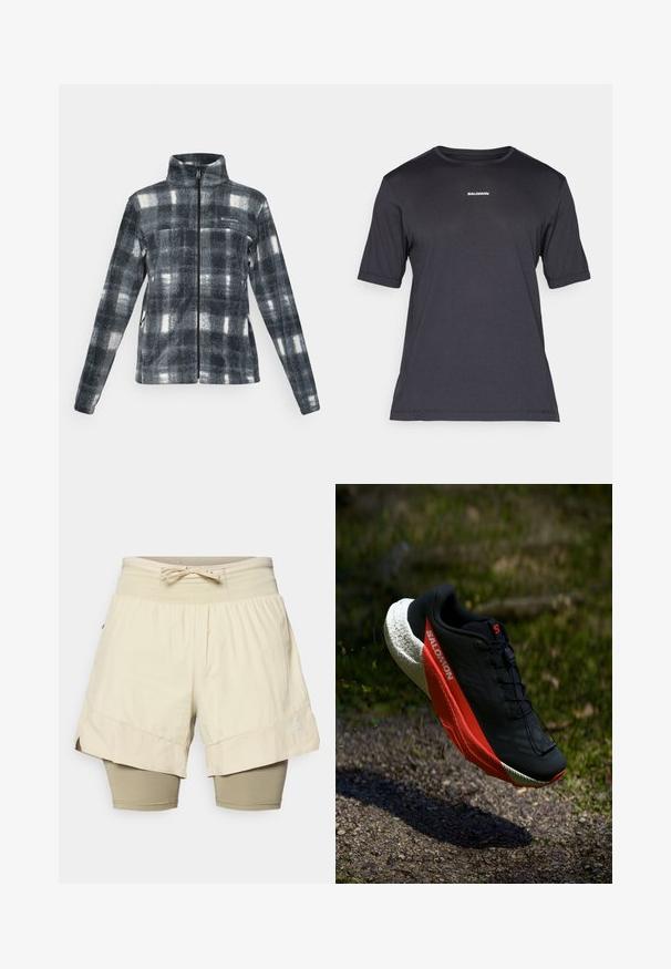 T tumedharjask ja valgete ruutudega täispikk hargnenud fliisjakki kõrge kraega ja Columbia logo vasakul rinnal.; Must have musträtik lühikeste varrukatega, valmistatud hingavast kangast, ümar kaelus ja rinnal väike valge "SALOMON" logo.; Beežid šortsid sobivate beežide retuuside peal, tekstuuritud kangas, elastne vöökoht koos paelaga, külgedel lõhikud hemist, logo alumisel jalal.; Must have musta jalgsed, punaste detailidega, kerge võrgust pealis, tekstureeritud valge tallaga ja kinnitusüsteemiga. Kujundatud jõudluseks ja mugavuseks.