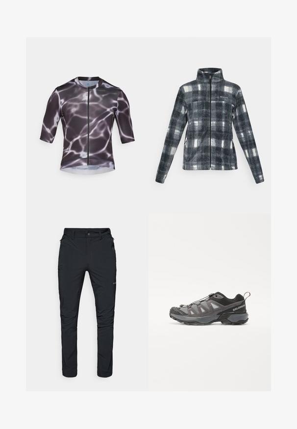 Temno siva in bela karočasta flis jakna z polnim zadrgo, visokim ovratom in logotipom Columbia na levem prsnem delu.; Kratkoročna kolesarska majica v črni in sivi barvi z vodnim vzorcem, ki ima sprednji zadrgo in gladko, raztegljivo tkanino.; Črne zunanje hlače s ravnim krojem, opremljene z žepi na zadrgo, zankami za pas in lahkotno, trpežno teksturo tkanine.; Športni čevelj z aerodinamičnim dizajnom, siva sintetična zgornji del z mrežastimi ploščami, črne akcenti in gumijast podplat z izrazito oprijemljivostjo.