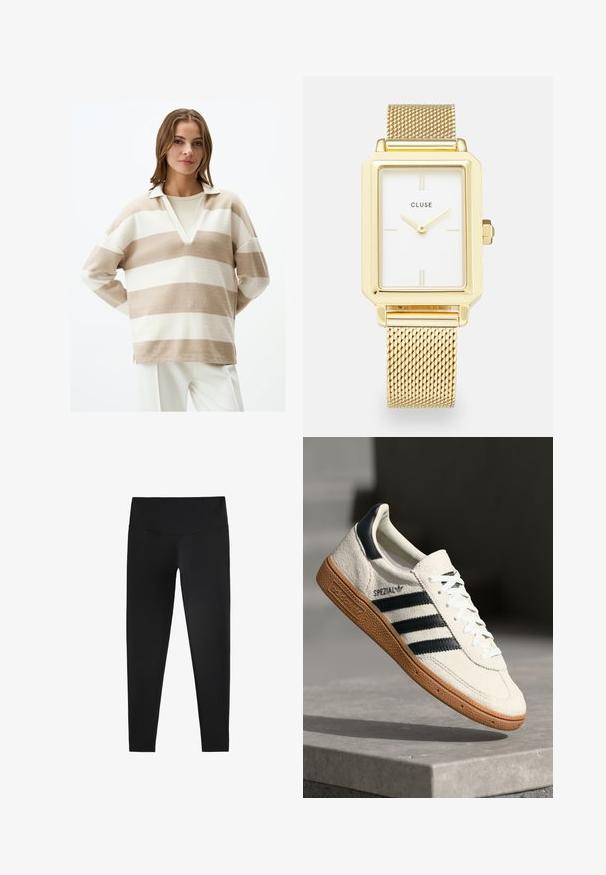 Zwarte dubbelzijdige jas met grote revers, gemaakt van een gestructureerde stof. Bevat goudkleurige knopen en heeft een losse, recht gesneden ontwerp.; Beige en witte gestreepte pullover met een V-hals en kraag, gemaakt van zacht materiaal. Heeft een ontspannen pasvorm en zijsplitten aan de onderkant.; Zwarte leggings gemaakt van rekbare stof, met een hoge tailleband en een gladde textuur, ontworpen voor comfort en flexibiliteit.; Witte suède sneakers met marineblauwe strepen, rubberen gumzool, gestructureerde bovenkant, ronde neus en veters; heeft branding aan de zijkant en op de tong.; Gouden rechthoekige horloge met een witte wijzerplaat, minimalistische uurmarkeringen en een metalen meshband. Heeft een zijkroon voor het aanpassen van de tijd.