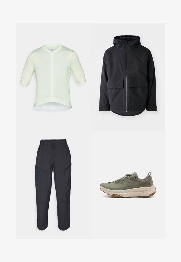 Jack Wolfskin TEMPELTOR - Žieminis paltas - black; Trumpas rankovės viršus šviesiai žalia spalva, pagamintas iš lygaus Audinio su užtrauktuko uždarymu, turintis apvalią dekoltė ir tekstūruotą dizainą ant rankovių.; Juodos krovinių kelnės, pagamintos iš lengvos, vandeniui atsparios medžiagos; turi elastingą juosmenį, kelis užtrauktukais uždaromus kišenes ir siaurėjančius šonus.; Žalios Hoka bėgimo sportbačiai su Gore-Tex viršutine dalimi, tekstūriniais akcentais, elastingomis raištelėmis ir storu smėlio spalvos padu su Vibram logotipu.