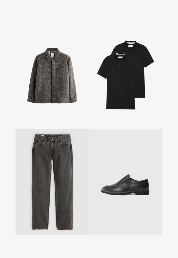 Brown and grey textured jacket with a button-up front, featuring a classic collar and a single chest pocket. Soft, woven fabric.; Two black polo shirts, short-sleeved, cotton material, featuring a classic collar, two-button placket, and white striped accents inside the collar.; Black faded straight-leg jeans with five pockets, button closure, and belt loops, laid flat on a white background.; Black leather slip-on shoe with a smooth upper, stitched accents, rounded toe, and a low rubber heel. Sole features minimal tread.