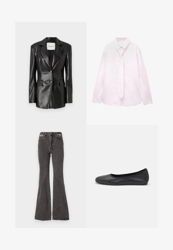 Czarna skórzana marynarka z klapami, dwoma przednimi kieszeniami, zapięciem na pojedynczy guzik i lekko taliowanym krojem. Gładka faktura.; Jasnoróżowa koszula z długim rękawem w białe pionowe paski oraz pasujący krawat. Gładka faktura, kołnierzyk zapinany na guziki i mankiety z guzikami.; Czarne jeansy o fasonie dzwonów wykonane z denimu o wyblakłej fakturze, z przednimi kieszeniami, szlufkami na pasek oraz metalowymi detalami w okolicy talii.; Czarne skórzane baletki z zaokrąglonym noskiem, gładką fakturą, minimalnymi przeszyciami i elastycznym designem podeszwy.