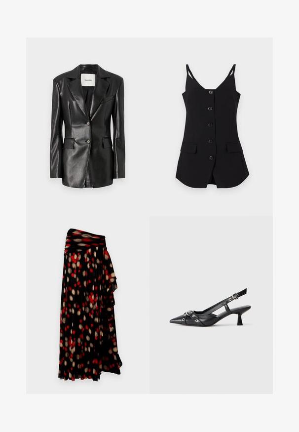 Black leather blazer with a notched lapel, two front pockets, single-button closure, and a slightly tailored fit. Smooth texture.; Black sleeveless top with a V-neck, six front buttons, two side pockets, and textured straps. Smooth fabric with a tailored fit.; Black pleated skirt with a gathered waist, featuring a pattern of red and gold dots against a black background. Soft, flowing fabric.; Black leather slingback shoe with a pointed toe, decorative straps featuring metal eyelets, and a low block heel. Textured surface.