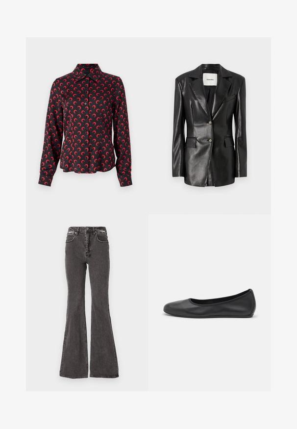 Blazer in pelle nera con rever a punta, due tasche frontali, chiusura con un bottone e una vestibilità leggermente sagomata. Texture liscia.; Camicetta nera con motivo a mezzaluna rossa, maniche lunghe, tessuto morbido e design del colletto classico. Presenta un orlo dritto.; Jeans a zampa nera in denim con una texture sbiadita, dotati di tasche frontali, passanti per cintura e hardware metallico decorativo in vita.; Pantofole da balletto nere in pelle con punta arrotondata, texture liscia, dettagli di cucitura minimi e design con suola flessibile.