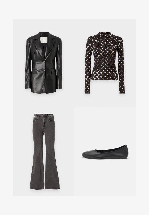 Sort læderblazer med notched lapel, to frontlommer, enkeltknaplukning og en let skræddersyet pasform. Glat tekstur.; Sort langærmet top med høj hals, prydet med et gentagende mønster af halvmåner i lys beige. Fremstillet af et glat, strækbart stof.; Sorte flared jeans lavet af denim med en falmet tekstur, der har forlommer, bæltesløjfer og metal detaljer ved taljen.; Sort læderballetsko med rund tå, glat tekstur, minimal syning og et fleksibelt såldesign.