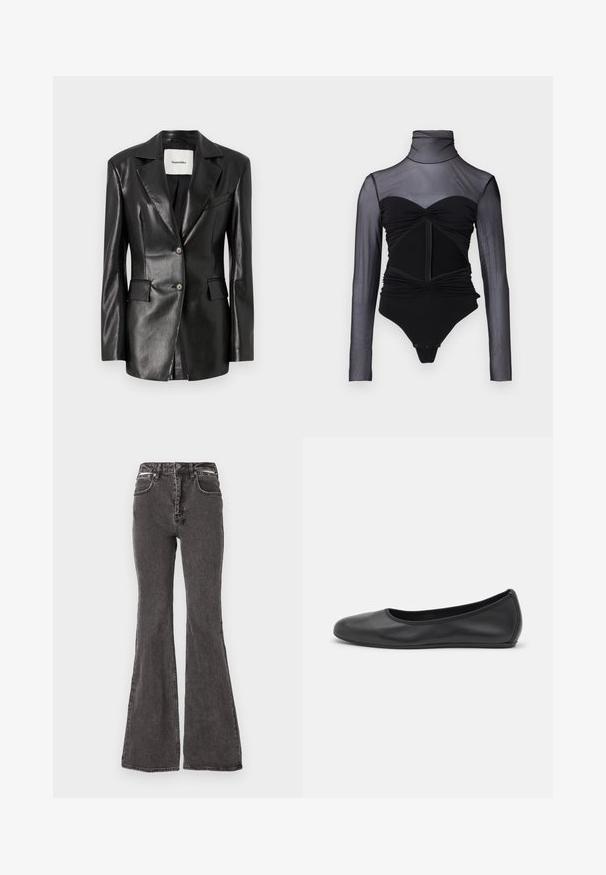 Schwarze Lederblazer mit einem Reverskragen, zwei vorderen Taschen, einer Ein-Knopf-Verschluss und einer leicht taillierten Passform. Glatte Textur.; Schwarzer Bodysuit mit einem transparenten Oberteil mit langen Ärmeln. Verfügt über einen Stehkragen, geraffte Details und einen Reißverschluss auf der Vorderseite. Glattes Material mit tailliertem Schnitt.; Schwarze Schlagjeans aus Denim mit einer verblassten Textur, ausgestattet mit Vordertaschen, Gürtelschlaufen und metallischen Akzenten am Bund.; Schwarze Leder-Ballettschuhe mit abgerundeter Spitze, glatter Textur, minimalen Nähdetails und einem flexiblen Sohlen-Design.