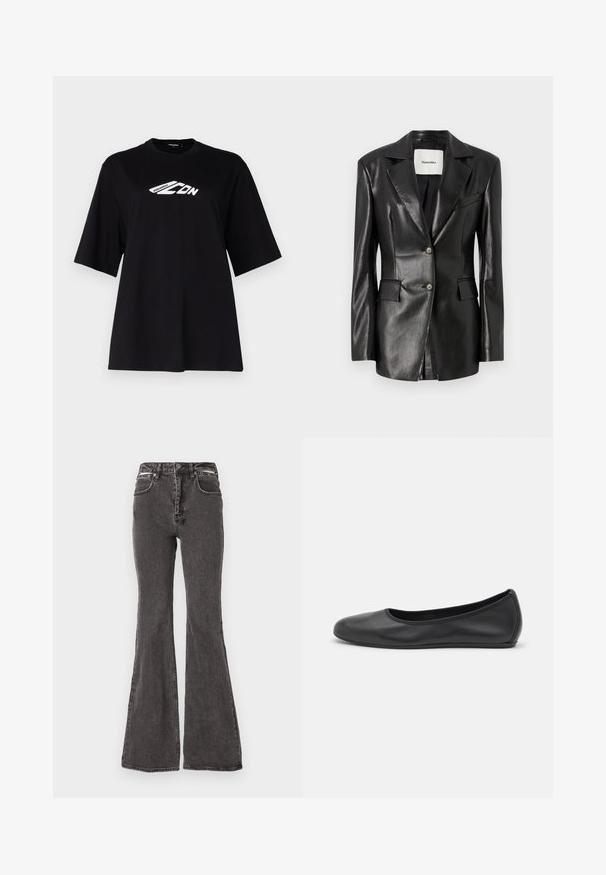 Schwarze Lederblazer mit einem Reverskragen, zwei vorderen Taschen, einer Ein-Knopf-Verschluss und einer leicht taillierten Passform. Glatte Textur.; Schwarzes Baumwoll-T-Shirt mit lockerer Passform, kurzen Ärmeln, Rundhalsausschnitt und einem weißen Grafik-Logo auf der Vorderseite. Glatte Textur, minimalistisches Design.; Schwarze Schlagjeans aus Denim mit einer verblassten Textur, ausgestattet mit Vordertaschen, Gürtelschlaufen und metallischen Akzenten am Bund.; Schwarze Leder-Ballettschuhe mit abgerundeter Spitze, glatter Textur, minimalen Nähdetails und einem flexiblen Sohlen-Design.