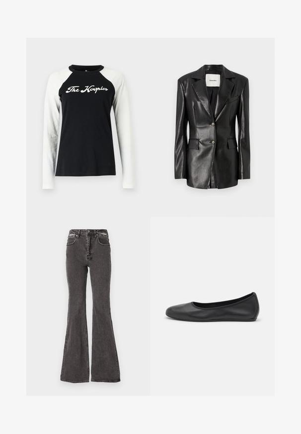 Schwarze Lederblazer mit einem Reverskragen, zwei vorderen Taschen, einer Ein-Knopf-Verschluss und einer leicht taillierten Passform. Glatte Textur.; The Kooples Langarmshirt - black; Schwarze Schlagjeans aus Denim mit einer verblassten Textur, ausgestattet mit Vordertaschen, Gürtelschlaufen und metallischen Akzenten am Bund.; Schwarze Leder-Ballettschuhe mit abgerundeter Spitze, glatter Textur, minimalen Nähdetails und einem flexiblen Sohlen-Design.
