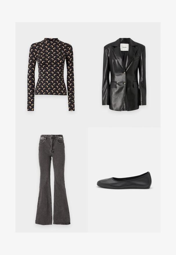 Black leather blazer with a notched lapel, two front pockets, single-button closure, and a slightly tailored fit. Smooth texture.; Black long-sleeve top with a high neckline, featuring a repeating crescent moon pattern in light beige. Made from a smooth, stretchy fabric.; Black flared jeans made of denim with a faded texture, featuring front pockets, belt loops, and metal accent hardware at the waist.; Black leather ballet flat with a rounded toe, smooth texture, minimal stitching detail, and a flexible sole design.