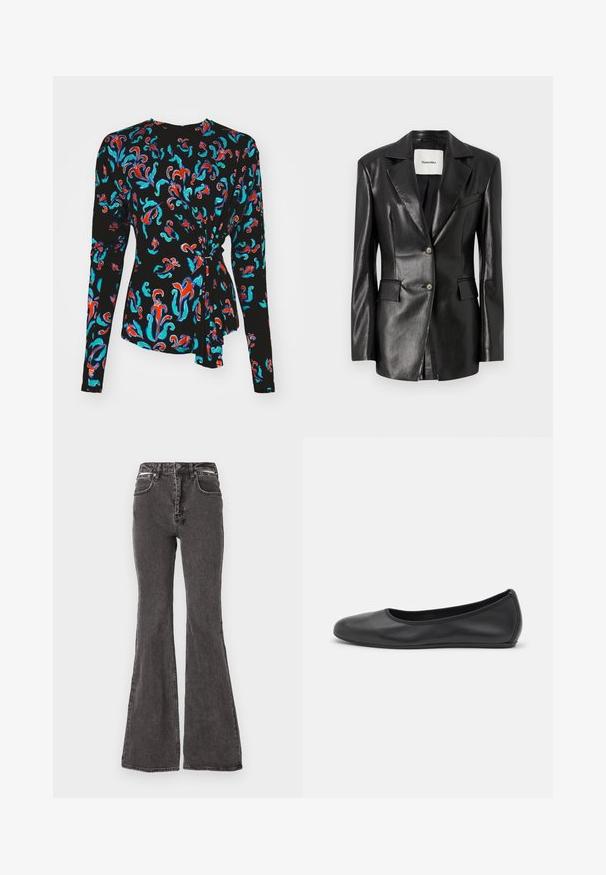 Crna kožna blazerica s reverima, dva prednja džepa, zatvaranje na jedan gumb i blago prilagođeni kroj. Glatka tekstura.; Crna majica s dugim rukavima koja ima šareni cvjetni uzorak u crvenoj, tirkiznoj i plavoj boji, s čvorastim naglaskom u struku.; Crne traperice širokog kroja s ispranim uzorkom, s prednjim džepovima, petljama za remen i metalnim detaljima na struku.; Crne kožne baletanke s zaobljenim vrhom, glatke teksture, minimalnim detaljima šavova i fleksibilnim dizajnom potplata.