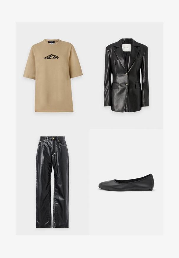 Crna kožna blazerica s reverima, dva prednja džepa, zatvaranje na jedan gumb i blago prilagođeni kroj. Glatka tekstura.; Bež pamukasta majica s kratkim rukavima, s crnim grafičkim logotipom sprijeda. Klasičan dizajn s okruglim izrezom i opušteni kroj.; Crne hlače od umjetne kože sa širokim nogavicama, s bijelim šavovima, prednjim džepovima i zlatnim gumbom na pojasu.; Crne kožne baletanke s zaobljenim vrhom, glatke teksture, minimalnim detaljima šavova i fleksibilnim dizajnom potplata.