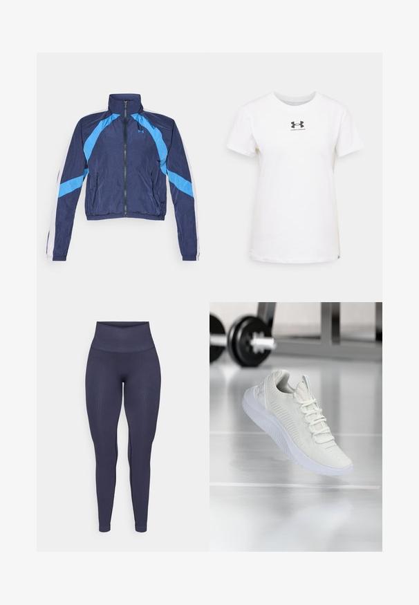 Marineblauwe windbreaker jas met lichtblauwe accenten, ritsluiting, hoge kraag en elastische manchetten. Gemaakt van lichtgewicht, glanzende stof.; Witte katoenen T-shirt met korte mouwen. Heeft een zwart Under Armour-logo op de borst. Klassiek crewneck ontwerp. Soepele textuur.; Navyblauwe geribde leggings met een hoge tailleband, een aansluitend ontwerp en een gladde textuur, met subtiele zijkantdetails.; Witte sport sneaker met een gestructureerde mesh bovenkant en vetersysteem, voorzien van een gewatteerde witte zool en subtiele ribbelaccenten.