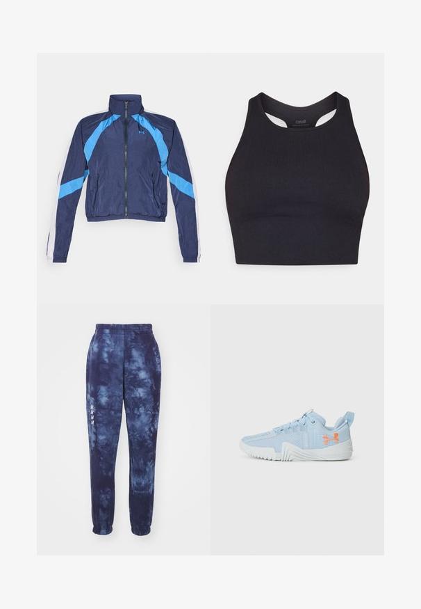 Marineblå vindjakke med lyseblå detaljer, glidelås foran, høy krage og elastiske mansjetter. Laget av lett, glinsende stoff.; Svart atletisk crop top laget av ribbet materiale, med ermeløs design og rund hals med utskjæringsdetaljer.; Nebbia RE-FRESH - Joggebukse - blue; Lyseblå sportsko laget av mesh-materiale med en teksturert såle, med en oransje logo og snøring.