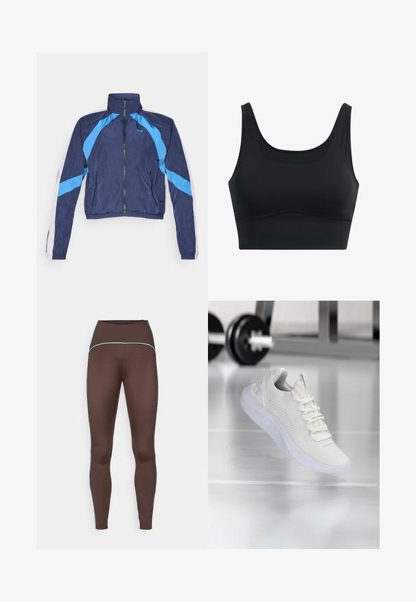 Tamsiai mėlynas vėjyje atsparus džemperis su šviesiai mėlynomis detalėmis, užtrauktuku, aukšta apykakle ir elastinėmis rankovėmis. Pagamintas iš lengvo, blizgaus audinio.; Juodas sportinis liemenukas, pagamintas iš lygaus audinio, su apvaliu kaklu, plačiomis petnešomis ir besiūle konstrukcija su išlinkusia apatine dalimi.; Rudos leginsai su aukštu juosmeniu, turintys kontrastingus šviesiai mėlynus siūlus šonuose. Pagaminti iš tamprios, lygaus audinio.; Balti sportiniai batai su tekstūruota tinklelio viršutine dalimi ir raištelių sistema, turintys paminkštintą baltą pado ir subtilius įdubimus.
