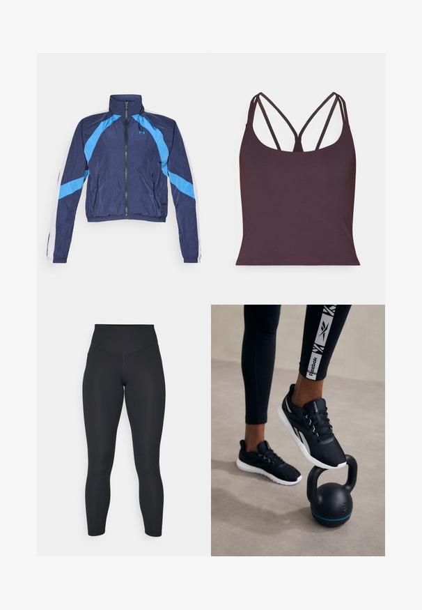 Tumedat sinise värviga tuulejope heleda sinise aktsendiga, lukuga sulgemine, kõrge krae ja elastsed mansetid. Valmistatud kergest, läikivast kangast.; Tume lillatops, mis on valmistatud siledast kangast, õhukeste topeltrihmade ja ümara kaelusega. Sujuv äär all.; Mustad kõrge vöökohaga mustad retuusid, silmadele siledat tekstuuri ja hästi istuv disain. Omab tasaseid õmblusi ja ulatuslikku katvust, ilma mustriteta.; Mustad sportjalatsid, millel on tekstuuriga pealne, valge talla ja hallid detailid, asetsevad musta kettlebelli peal, millel on sinine triip, neutraalses taustas.