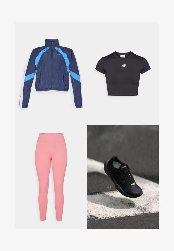 Marineblå vindjakke med lyseblå detaljer, glidelås foran, høy krage og elastiske mansjetter. Laget av lett, glinsende stoff.; Svart, kortermet treningstopp laget av elastisk stoff. Har en hvit logo på forsiden, rund halslinning og en tettsittende design.; Rosa ribbede tights med høy, elastisk liv. Glatt tekstur med et tettsittende design, egnet for treningstøy eller hverdagsklær.; Svart løpesko med teksturert overdel, slank design og reflekterende detaljer. Har en myk, polstret såle for komfort.