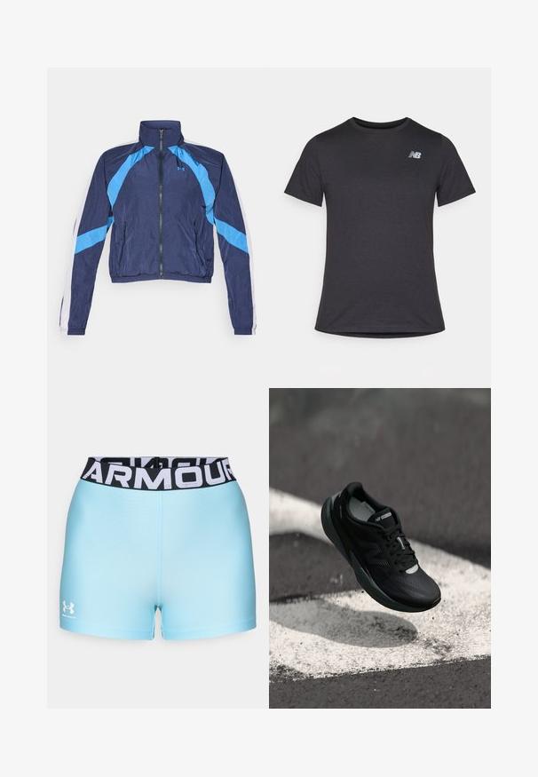 Giacca a vento blu navy con dettagli azzurri, chiusura con zip, colletto alto e polsini elasticizzati. Realizzata in tessuto leggero e lucido.; T-shirt nera a maniche corte realizzata in tessuto morbido, con un piccolo logo grigio New Balance posizionato sulla parte superiore sinistra del petto, design classico con girocollo.; Shorts sportivi azzurri chiari con vita nera che presenta il testo bianco "ARMOUR". Il materiale sembra liscio con un design aderente. Logo di Under Armour visibile.; Scarpa da corsa nera con una tomaia testurizzata, design elegante e dettagli riflettenti. Presenta una suola morbida e ammortizzata per il comfort.