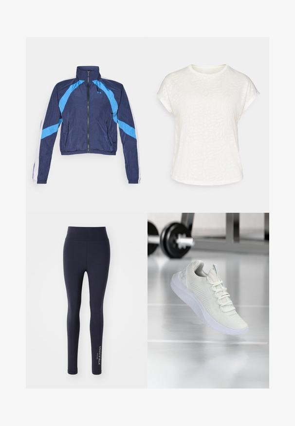 Tamsiai mėlynas vėjyje atsparus džemperis su šviesiai mėlynomis detalėmis, užtrauktuku, aukšta apykakle ir elastinėmis rankovėmis. Pagamintas iš lengvo, blizgaus audinio.; Balta trumpų rankovių marškinėliai su tekstūruotu gėlių raštu, apvaliu iškirpimu ir laisvu siluetu. Pagaminti iš minkštos, lengvos medžiagos.; Tamsiai mėlyni sportiniai leginiai su aukšta juosmens linija ir lygiu paviršiumi, ant apatinės kojos turi užrašą "ONLY PLAY ATHLEISURE" baltos spalvos.; Balti sportiniai batai su tekstūruota tinklelio viršutine dalimi ir raištelių sistema, turintys paminkštintą baltą pado ir subtilius įdubimus.