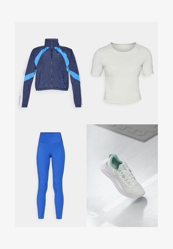 Tummansininen tuulitakki, jossa on vaaleansinisiä yksityiskohtia, vetoketjukiinnitys, korkea kaulus ja elastiset hihansuut. Valmistettu kevyestä, kiiltävästä kankaasta.; Vaaleanvihreä lyhythihainen mukautuva t-paita, jossa on pyöreä kaula-aukko, sileä pinta ja huomaamaton logo vasemmalla etupuolella.; Korkeavyötäröiset siniset legginsit, jotka on valmistettu joustavasta kankaasta, joissa on sileä pinta ja virtaviivainen muotoilu, sopivat urheiluvaatteiksi.; Vaaleanharmaa urheilujalkine, jossa on teksturoitu neulepäällinen, mintunvihreät yksityiskohdat, valkoiset nauhat, kumipohja ja vetolenkki kannassa.