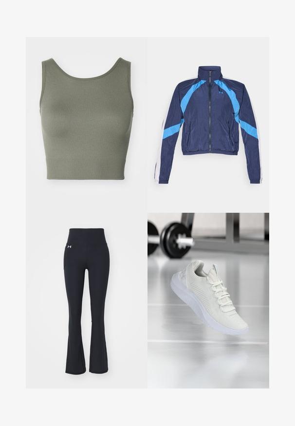 Marineblå vindjakke med lyseblå detaljer, glidelås foran, høy krage og elastiske mansjetter. Laget av lett, glinsende stoff.; ONLY Play ONPJAIA LIFE SEAM SHORT - Topper - kalamata; Sorte vide treningsbukser med høyt liv laget av et elastisk materiale, med en sidelomme. Logoen er plassert foran.; Hvit atletisk sneaker med et teksturert mesh-overdel og snøring, med en polstret hvit såle og subtile ribbede detaljer.