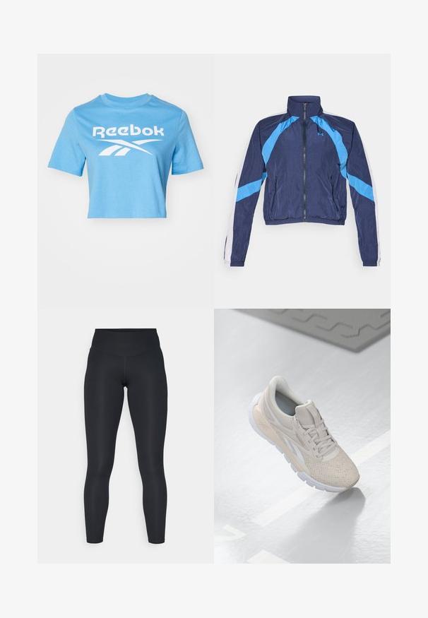 Tumši zils vēja žakets ar gaišziliem akcentiem, ar rāvējslēdzēju, augstu apkakli un elastīgām piedurknēm. Izgatavots no viegla, spīdīga auduma.; Gaiši zila īsā t-kreklā, kas izgatavota no kokvilnas, ar baltu Reebok logotipu un grafisko dizainu. Īsām piedurknēm un apaļu kakla izgriezumu.; Melni legingi, kas izgatavoti no elastīga auduma, ar augstu jostas vietu, gludu virsmu un ķermeni pieguļošu piegriezumu. Nav redzamu rakstu vai detaļu.; Gai bēša sporta apavi ar caurumiņiem augšdaļā, teksturētiem akcentiem, mīkstu apkakli un baltu gumijas zoli, kas paredzēti komfortam un gaisa caurlaidībai.