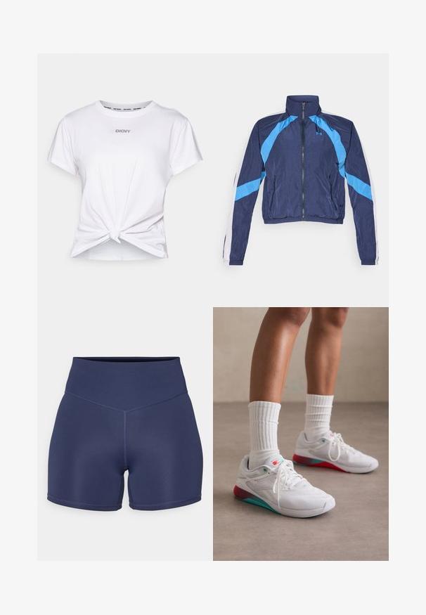Tamsiai mėlynas vėjyje atsparus džemperis su šviesiai mėlynomis detalėmis, užtrauktuku, aukšta apykakle ir elastinėmis rankovėmis. Pagamintas iš lengvo, blizgaus audinio.; Balta medvilninė marškinė su trumpomis rankovėmis, pasižyminti surištu hemu ir «DKNY» logotipu, dekoruotu kristalais krūtinėje. Lygus paviršius.; Tamsiai mėlynos sportinės šortai, pagaminti iš tamprios medžiagos, su aukštu liemeniu, turintys besiūlę siuvimo konstrukciją ir prigludusį dizainą.; Baltos sportinės bateliai su tekstūriniu paviršiumi, turkio spalvos akcentais ir raudonu kulnu. Dėvimi su banguotomis baltomis kojinėmis. Su raišteliais ir prekės ženklu.