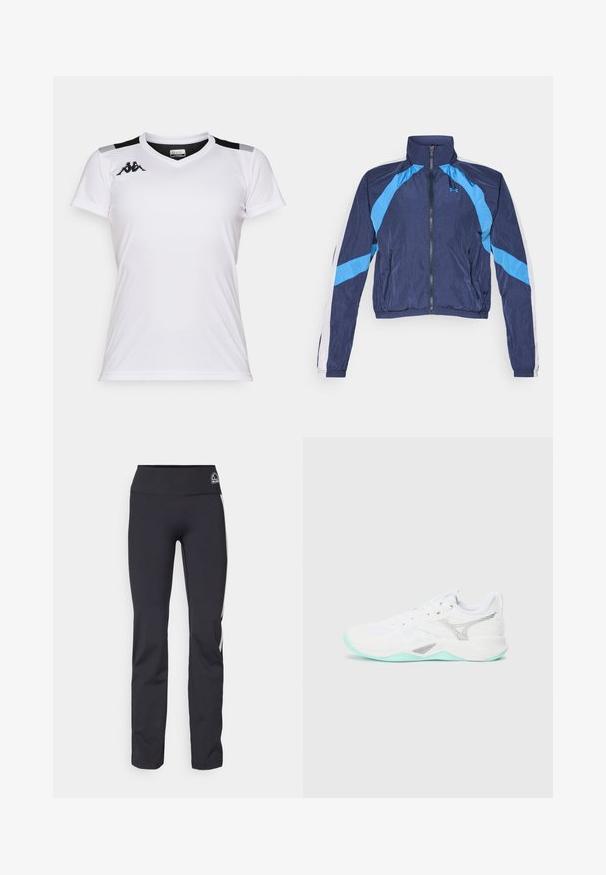Marineblå vindjakke med lyseblå detaljer, glidelås foran, høy krage og elastiske mansjetter. Laget av lett, glinsende stoff.; Hvit idretts skjorte laget av lettvektstoff. Har v-hals, korte ermer og svarte aksenter på skuldrene. Kappa-logo på brystet.; Sorte stretch-stoff bukser med høy midje, med en subtil logo og kontrastfargede sidestreker. Glatt tekstur, skreddersydd passform.; Hvit treningssko med mesh-overdel og mintgrønn yttersåle. Har sølvfargede detaljer og et strukturert design på sidene. Rund tå og snøring.