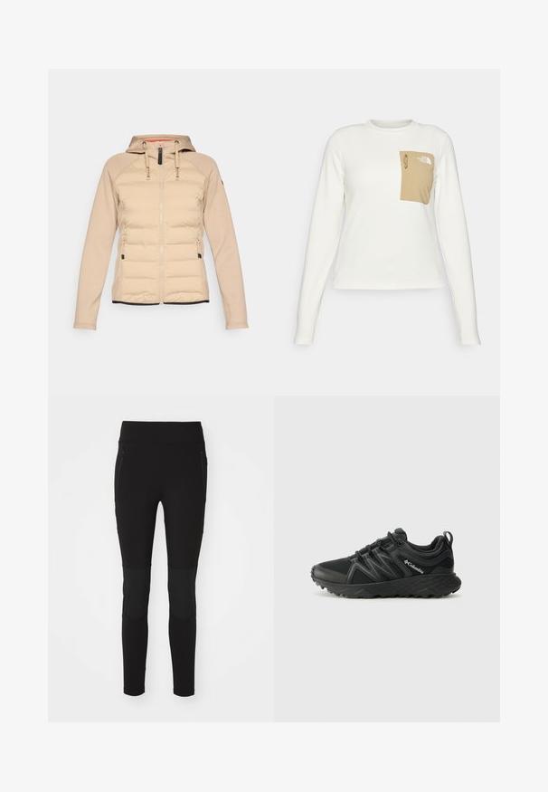 Icepeak ASHBURN - Outdoorjas - cement; Witte longsleeve shirt gemaakt van een gestructureerde stof met een beige patch zak voorzien van een trekkoord en logo.; Zwarte sportleggings met een gladde textuur, voorzien van ritszakken en paneelaccenten op de knieën, ontworpen voor comfort en flexibiliteit.; Columbia PEAKFREAK - Outdoorschoenen - black