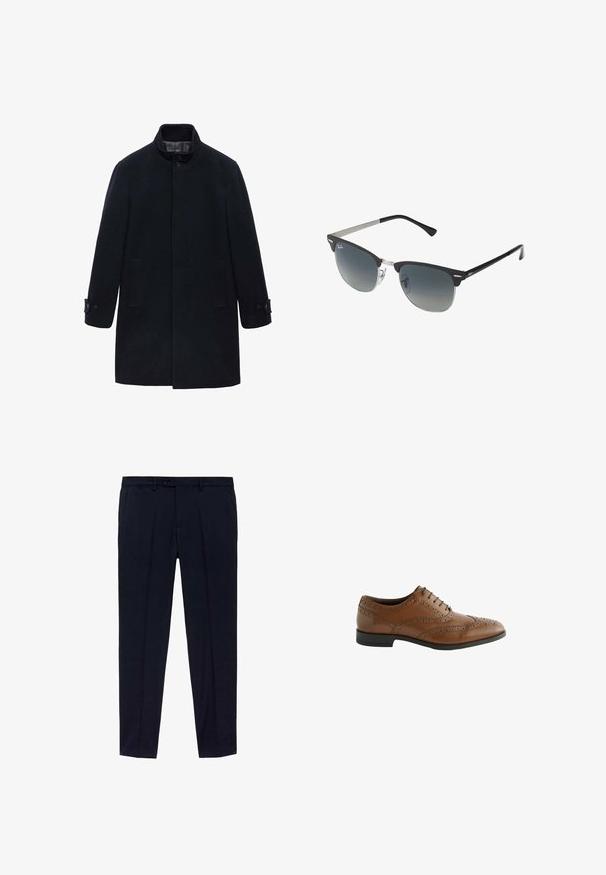Marinefrakke lavet af uld med høj krave, knaplukninger og to sidelommer; har en lige pasform og glat tekstur.; Pakke med tre t-shirts: én sort og to hvide. Hver har rund halsudskæring, korte ærmer og er lavet af glat bomuldsstof.; Mørkeblå bukser med flad frontdesign, fremstillet af glat stof. Bemærkelsesværdige detaljer omfatter to sidelommer og lynlås med knaplukning.; Brune lædersko med indviklede broguing-detaljer, rund tå og flad hæl. Har fem snøringsøjer og en glat overflade.; Sorte og sølv solbriller med katteøje-form, gradient linser og metalliske detaljer på rammen. Plastiske arme med grå spidser.