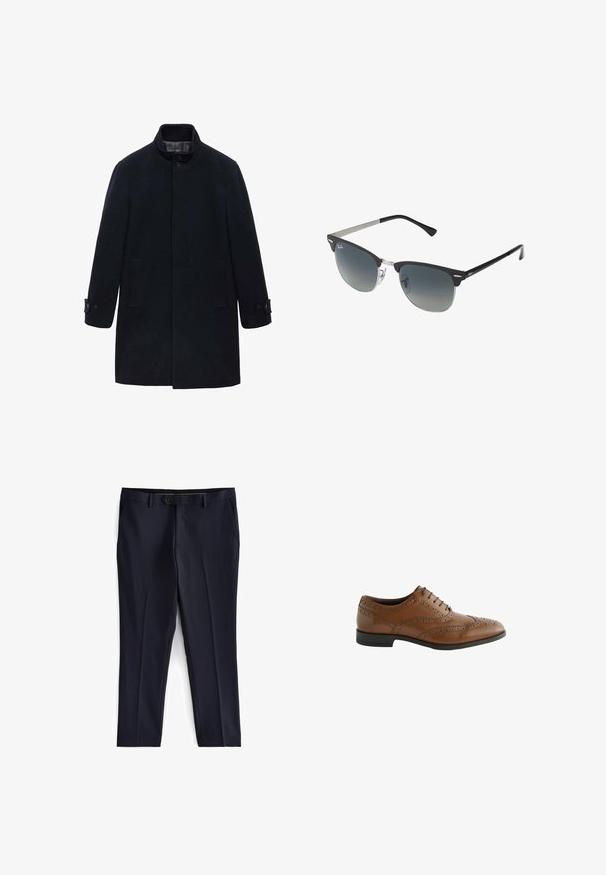 Marineblauer Wollmantel mit hochgeschlossenem Kragen, Knopfverschluss und zwei seitlichen Taschen; verfügt über ein gerades Design und eine glatte Textur.; Drei-T-Shirt-Pack: eines in Schwarz und zwei in Weiß. Jedes T-Shirt hat einen Rundhalsausschnitt, kurze Ärmel und besteht aus glattem Baumwollstoff.; Next SLIM FIT ESSENTIAL - Anzughose - navy; Braune Leder-Schnürschuhe mit kunstvollen Broguing-Details, runder Zehenform und flachem Absatz. Verfügt über fünf Schnürösen und eine glatte Oberfläche.; Schwarze und silberne Sonnenbrille mit Katzenaugenform, verlaufenden Gläsern und metallischen Akzenten im Rahmen. Plastische Bügel mit grauen Spitzen.