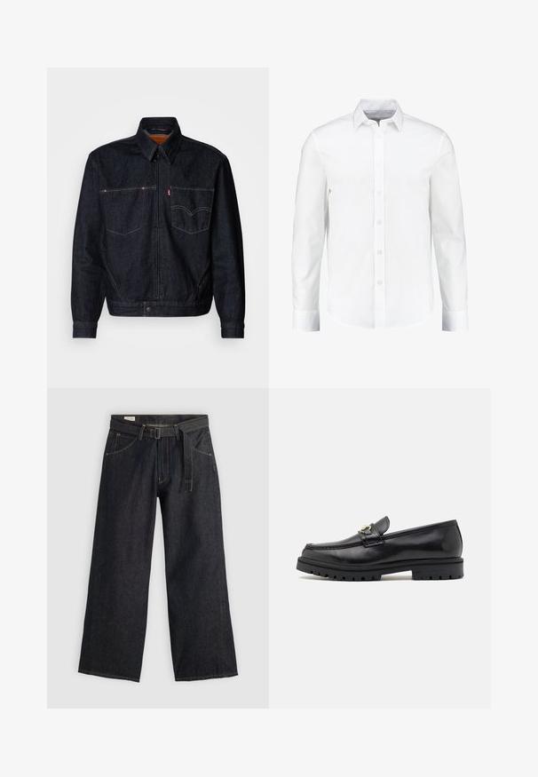 Dark denim jacket with a front zipper, two chest pockets, and a collar. Features contrasting stitching and a branded label on the left pocket.; White long-sleeve button-up shirt made from smooth cotton. Features a classic collar and button-front closure with a straight hem.; Dark denim wide-leg pants with a belted waist, featuring front pockets and contrasting stitching. Smooth texture with a clean design.; Black leather loafers with a smooth finish, round toe, a decorative strap with gold hardware, and a rugged black sole.